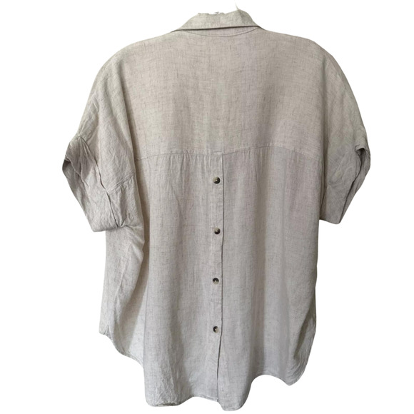Linen Top Blouse Women's Size S Natural Neutral Beige Color V-Neck Button Back - Picture 2 of 9